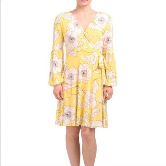 London Times Sunny Yellow White Floral Faux Wrap Long Sleeve Spring Dress Size 6 - Picture 1 of 9